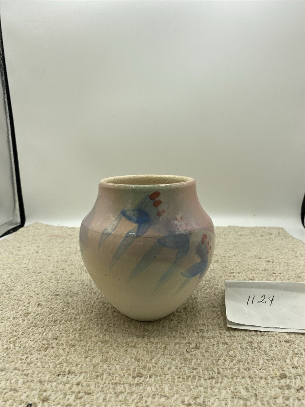 Handmade And Hand Painted Studio Art Pottery Vase Pink/Blue 3x5”